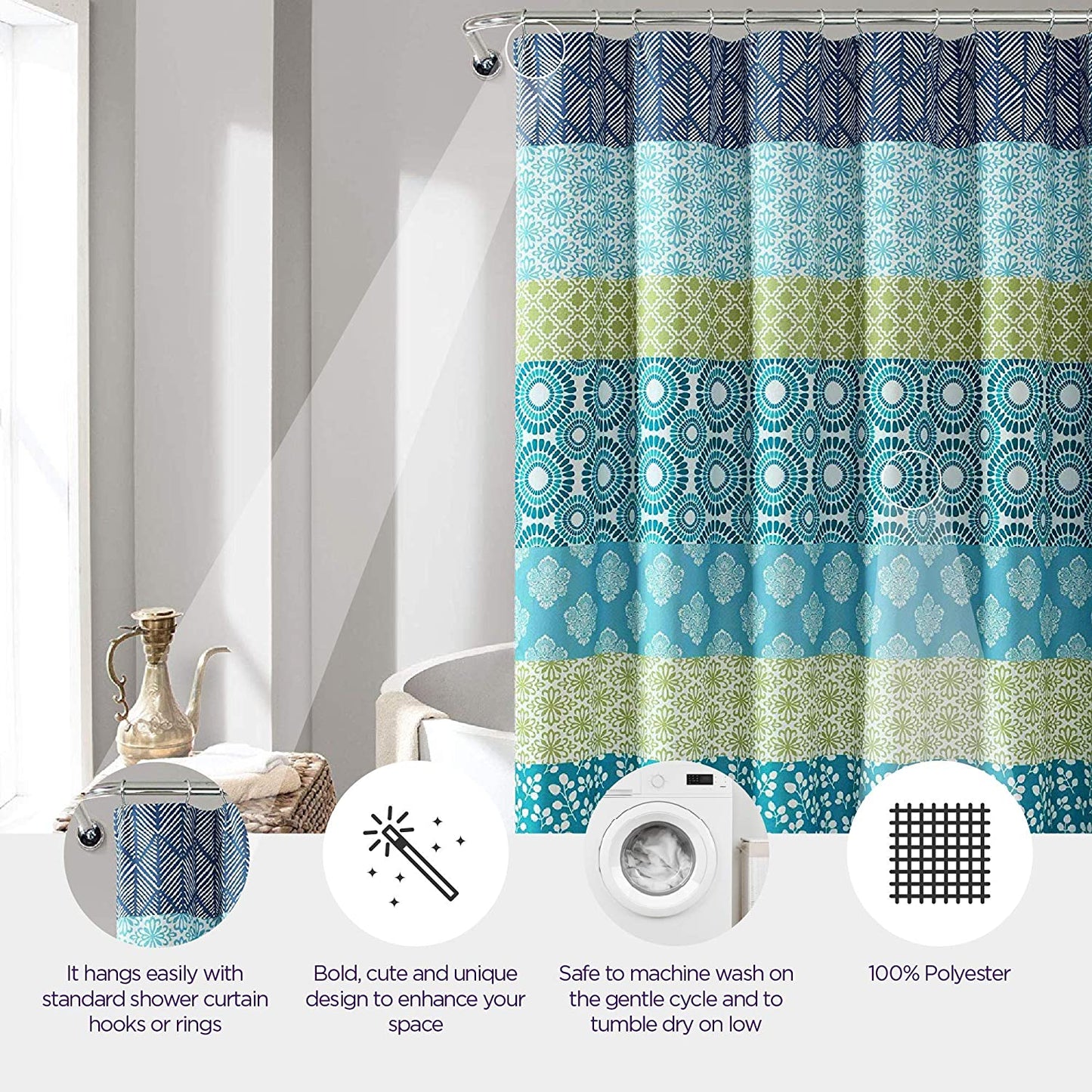 Bohemian Striped Shower Curtain Colorful Bold Design, 72" X 72", Blue and Green