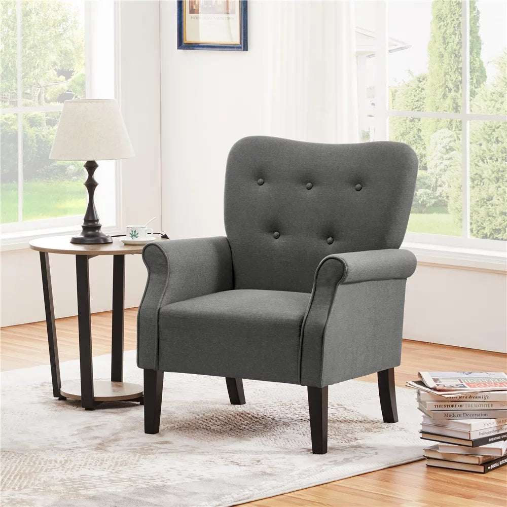 Mid-Century Upholstered Fabric Accent Armchair for Living Room with Wooden Leg, Dark Gray