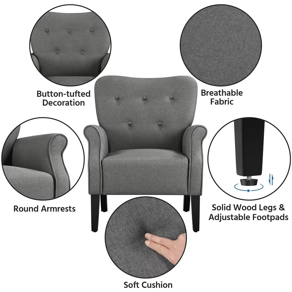 Mid-Century Upholstered Fabric Accent Armchair for Living Room with Wooden Leg, Dark Gray