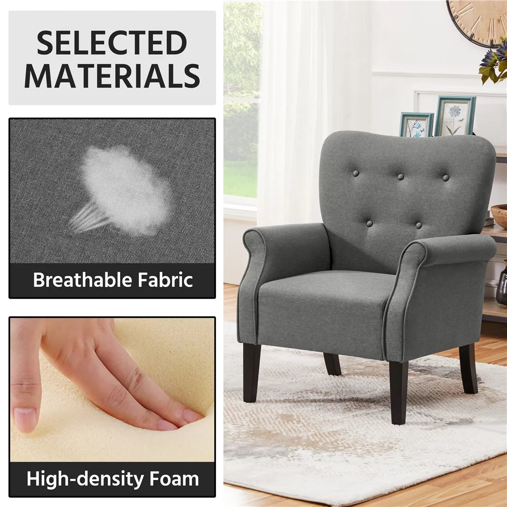 Mid-Century Upholstered Fabric Accent Armchair for Living Room with Wooden Leg, Dark Gray