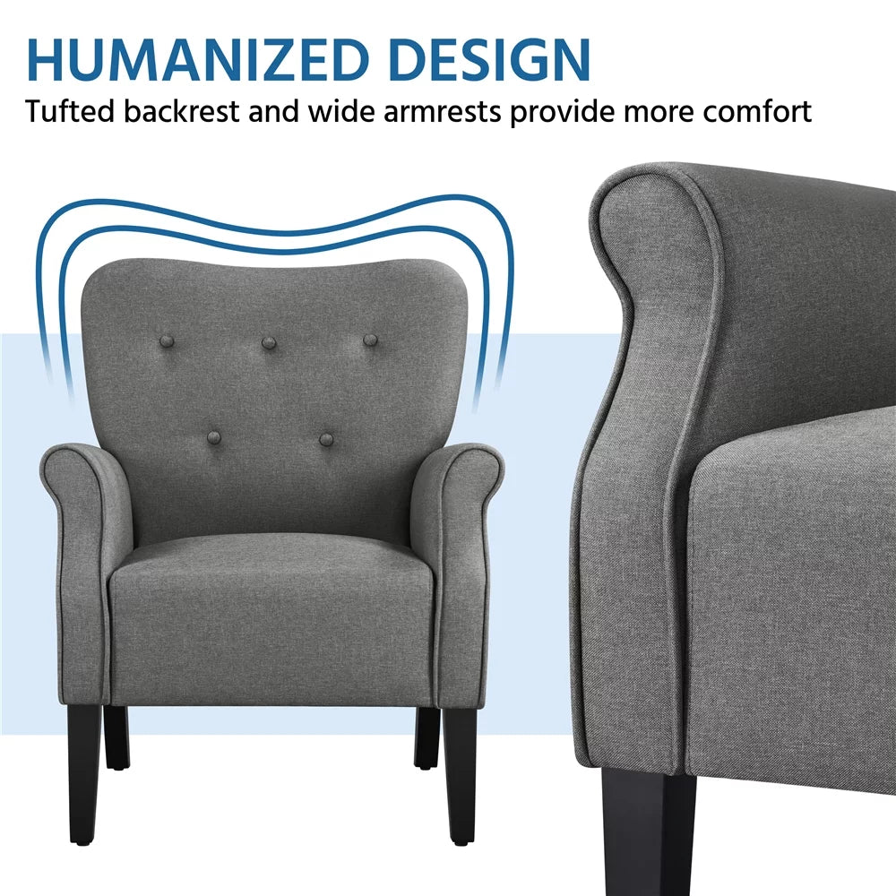 Mid-Century Upholstered Fabric Accent Armchair for Living Room with Wooden Leg, Dark Gray