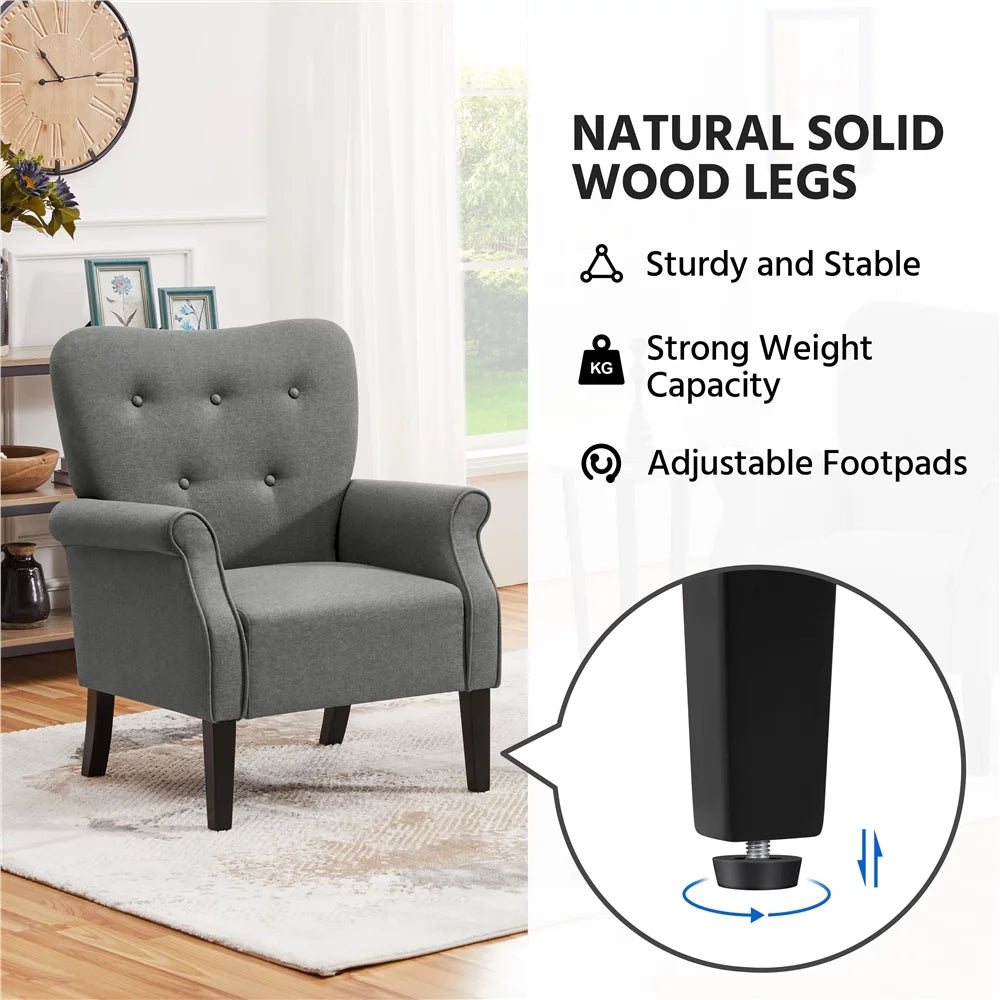 Mid-Century Upholstered Fabric Accent Armchair for Living Room with Wooden Leg, Dark Gray