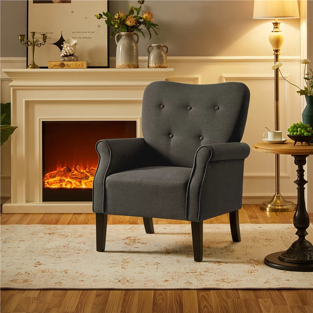 Mid-Century Upholstered Fabric Accent Armchair for Living Room with Wooden Leg, Dark Gray