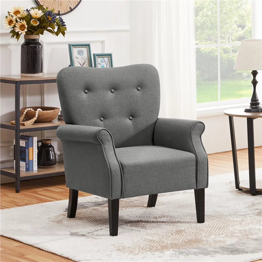 Mid-Century Upholstered Fabric Accent Armchair for Living Room with Wooden Leg, Dark Gray