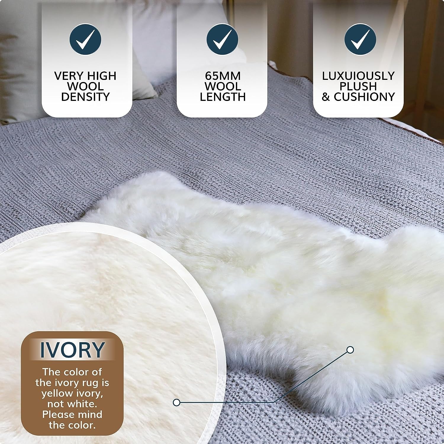 Genuine New Zealand Sheepskin Rug, Luxuxry Fur Rug for Bedroom, Fluffy Rug for Living Room (Single Pelt, Natural)