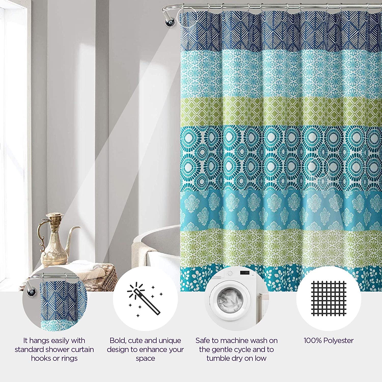 Bohemian Striped Shower Curtain Colorful Bold Design, 72" X 72", Blue and Green