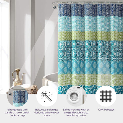 Bohemian Striped Shower Curtain Colorful Bold Design, 72" X 72", Blue and Green