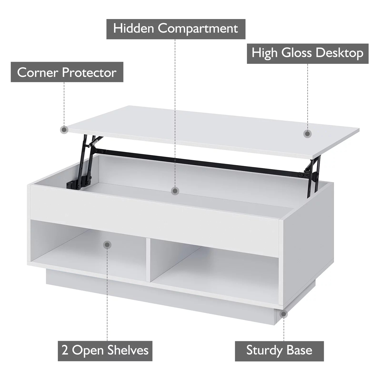 Lift Top Coffee Table with Hidden Compartment High Gloss LED Coffee Tables Center Rising Cocktail Table for Living Room Accent Furniture White Finish