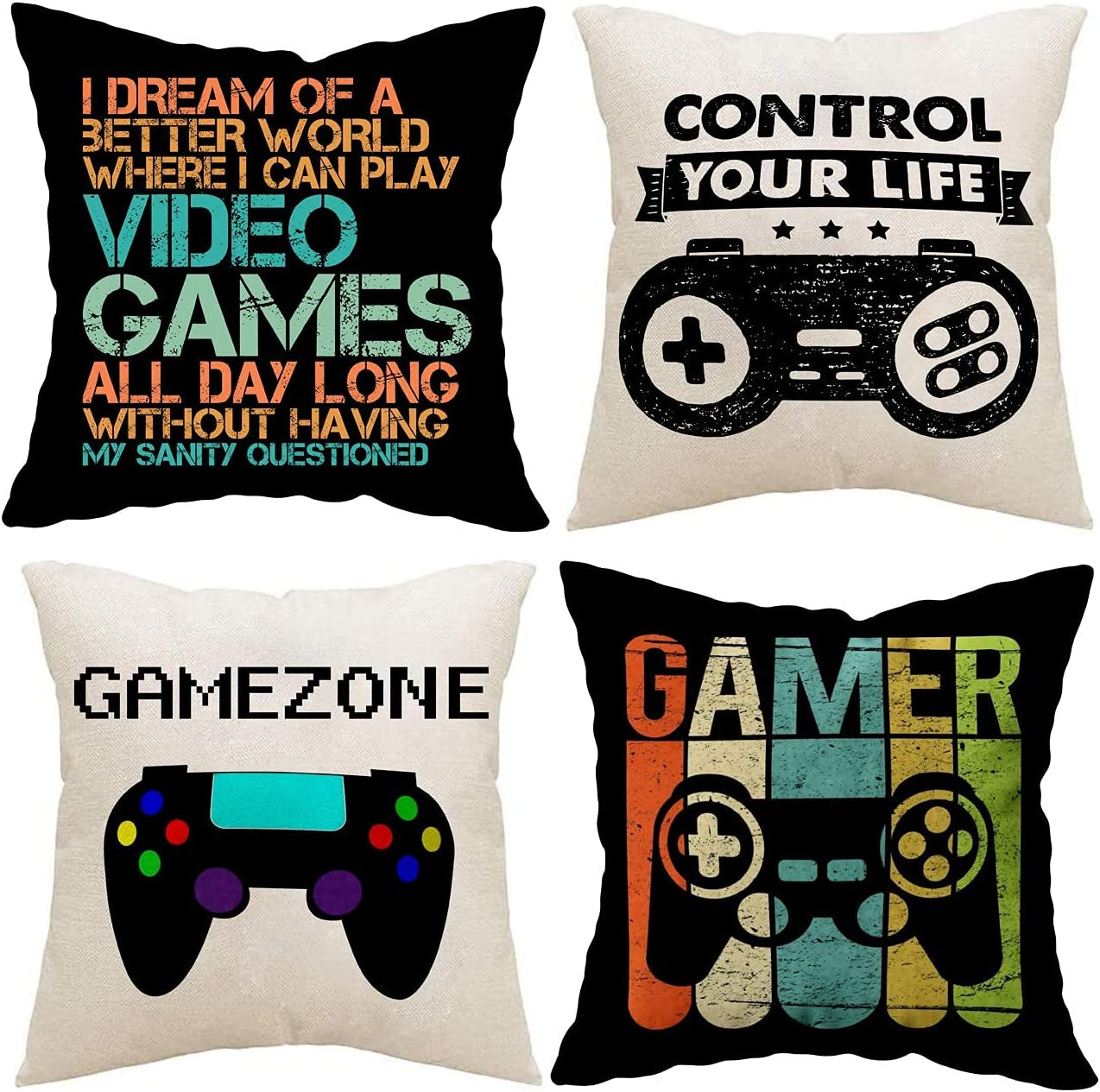 Gamer Game Controller Set of 4 Linen Square Throw Pillow Video Games Case Cushion Cover for Playroom Office Bed Sofa Decor 18"X 18"