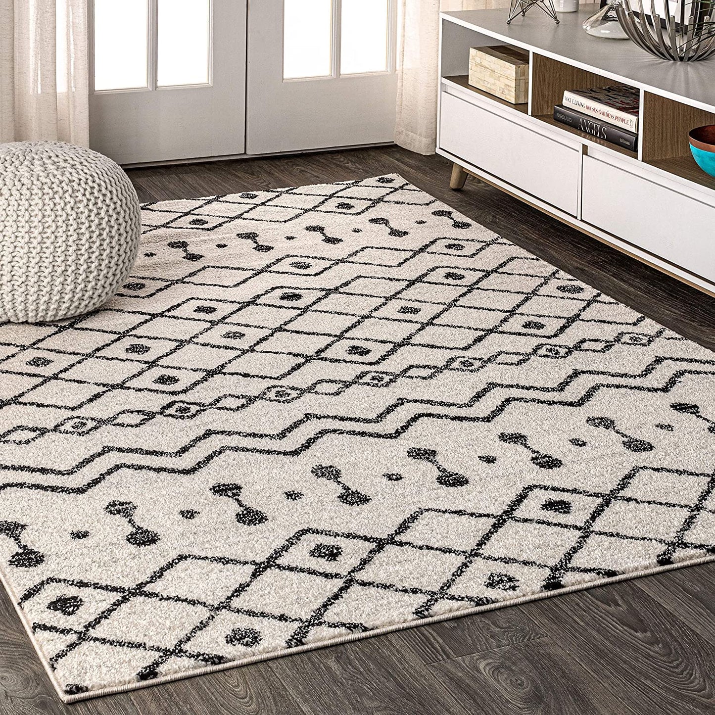 , Non Shedding Aksil Moroccan Beni Souk Area Rug, Bedroom Kitchen Living Room Indoor Decor, 8 X 10, Cream/Black