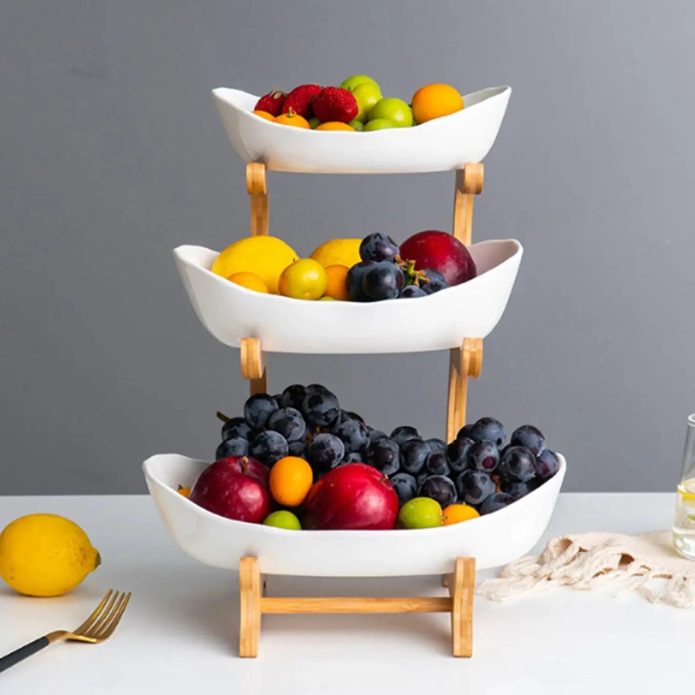 3 Layer Multi-Layer Ceramic Fruit Plate Bamboo Wooden Frame Household Basket Bowl Holder Vegetables Storage Kitchen Organizer