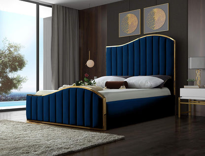 Jolie Collection Modern | Contemporary Velvet Upholstered Bed with Channel Tufting, and Polished Gold Metal Frame, Navy, Queen