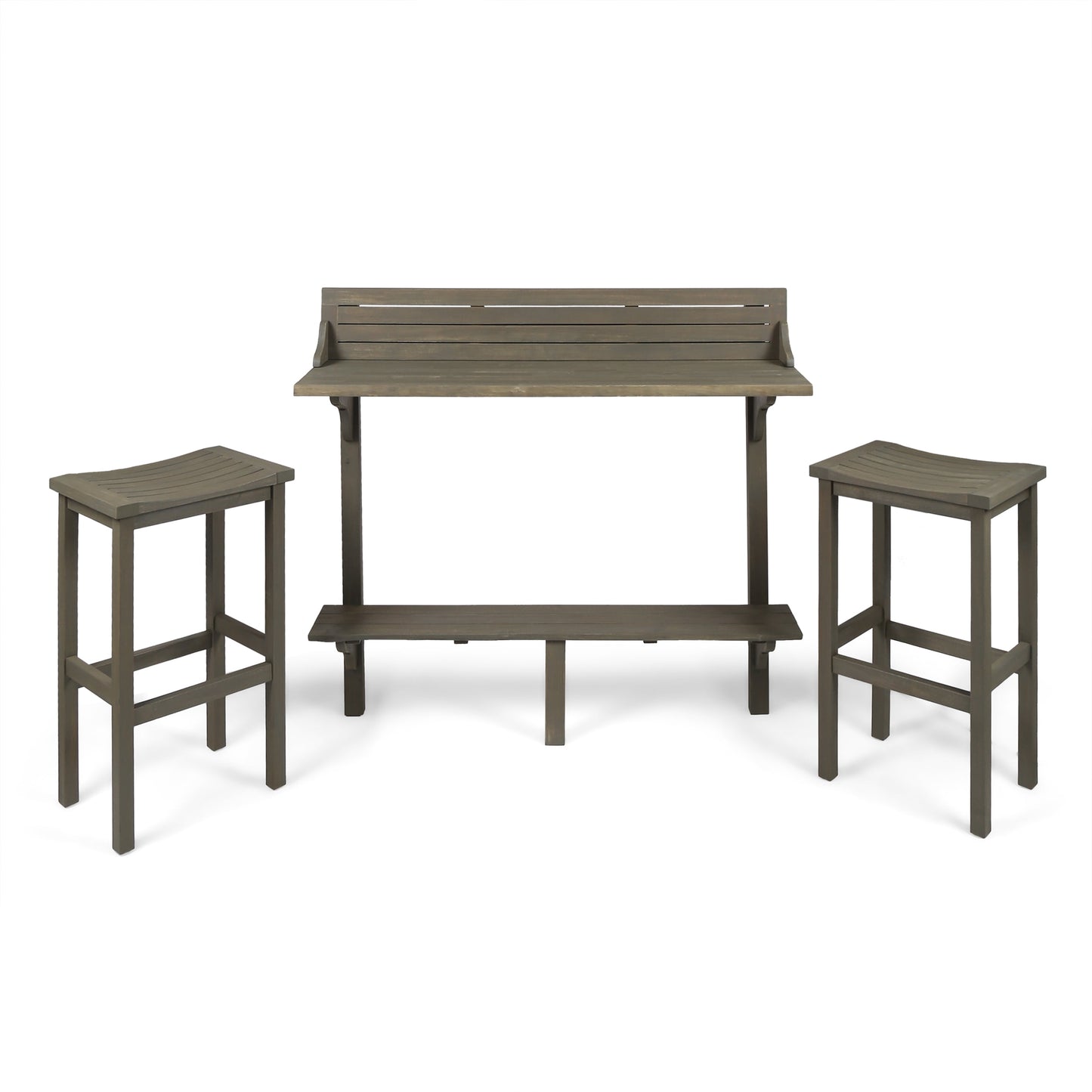 Caribbean Outdoor 3 Piece Acacia Wood Balcony Bar Set, Grey