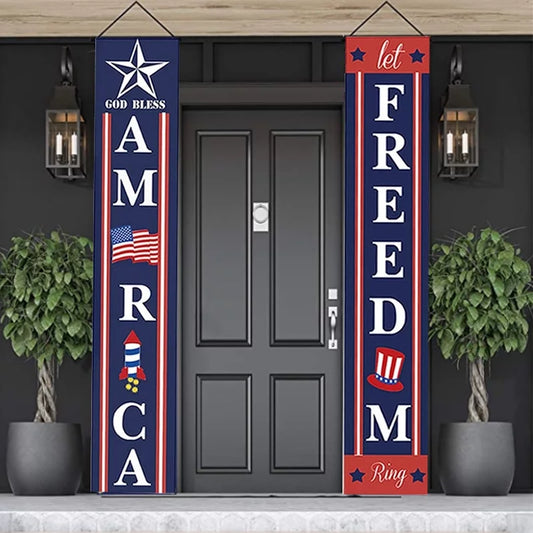 4Th of July Porch Sign Patriotic Door Decoration - “Let Freedom Ring” and “GOD Bless America”, Fourth of July Memorial Day Independence Day Flag Day Labor Day Hanging Banner for Yard Indoor Outdoor