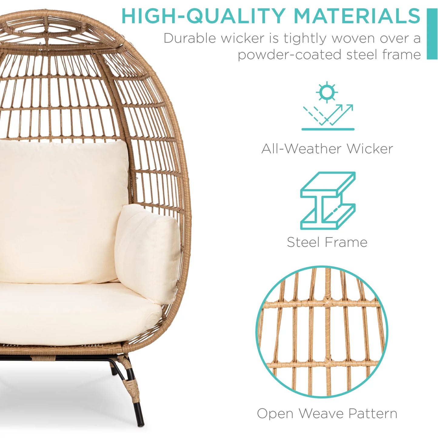Wicker Egg Chair Oversized Indoor Outdoor Patio Lounger W/ Steel Frame, 440Lb Capacity - Navy