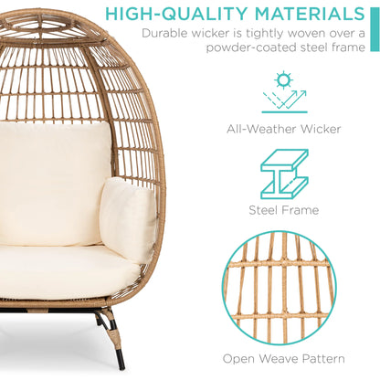 Wicker Egg Chair Oversized Indoor Outdoor Patio Lounger W/ Steel Frame, 440Lb Capacity - Navy
