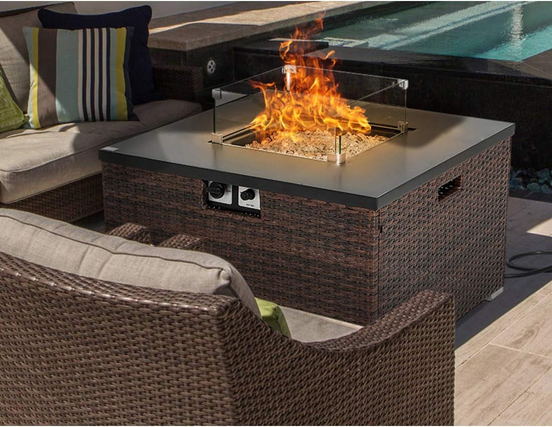 Outdoor Propane Burning Fire Table, Dark Brown Rattan Fire Fit Table 40,000 BTU, Waterproof Cover for Garden, Backyard