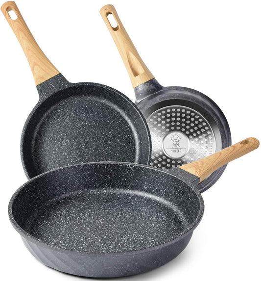 Nonstick Frying Pan Set, Granite Skillet Set with 100% PFOA Free, Omelette Pan Cookware Set with Heat-Resistant Ergonomic Handle, Induction Compatible(8Inch&9.5Inch&11Inch)