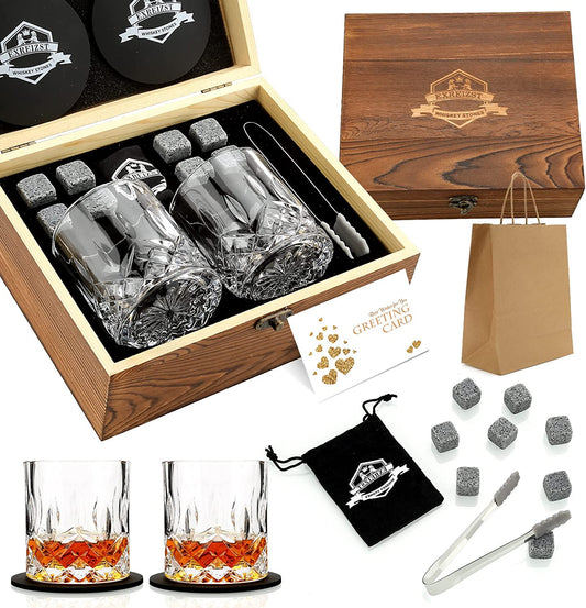 Whiskey Stones Gift Set - Whiskey Glass Set of 2 - Granite Chilling Whiskey Rocks - Scotch Bourbon Whiskey Glass Gift Box Set - Best Drinking Gifts for Men Dad Husband Birthday Party Holiday Present