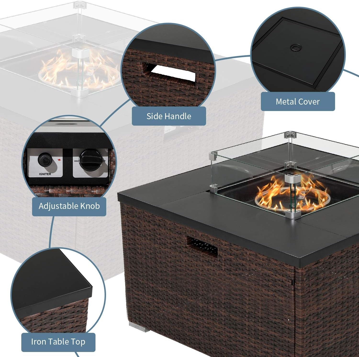 Outdoor Propane Burning Fire Table, Dark Brown Rattan Fire Fit Table 40,000 BTU, Waterproof Cover for Garden, Backyard