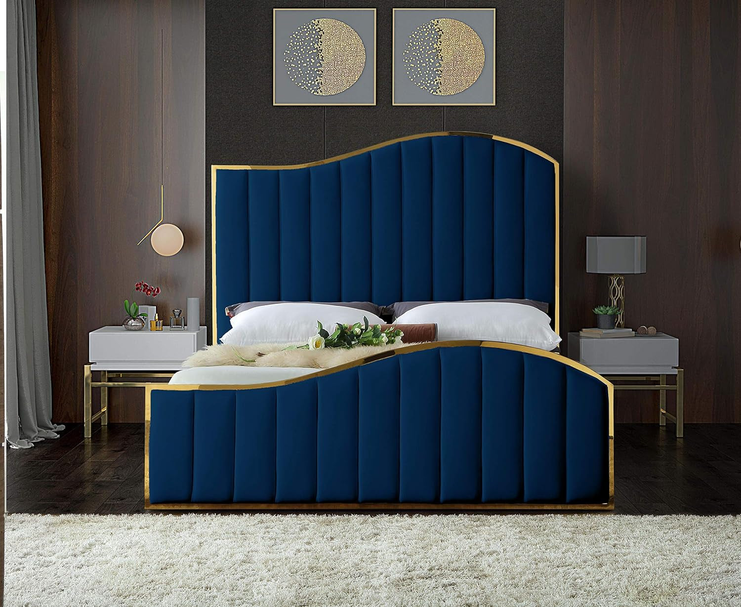 Jolie Collection Modern | Contemporary Velvet Upholstered Bed with Channel Tufting, and Polished Gold Metal Frame, Navy, Queen