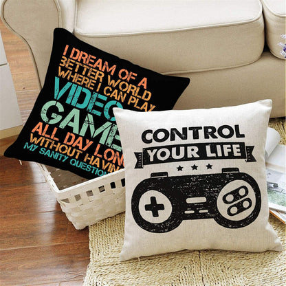 Gamer Game Controller Set of 4 Linen Square Throw Pillow Video Games Case Cushion Cover for Playroom Office Bed Sofa Decor 18"X 18"