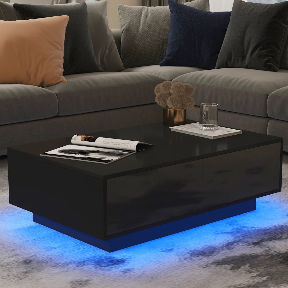 Coffee Table with 4 Drawers LED Center Table Sofa Side Tea Tables Black High Gloss Finish