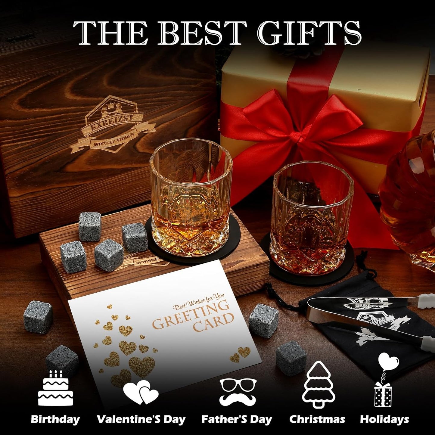 Whiskey Stones Gift Set - Whiskey Glass Set of 2 - Granite Chilling Whiskey Rocks - Scotch Bourbon Whiskey Glass Gift Box Set - Best Drinking Gifts for Men Dad Husband Birthday Party Holiday Present