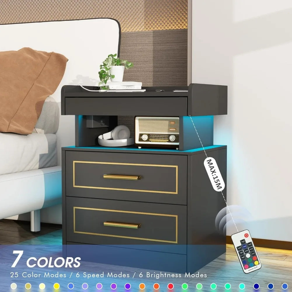 Modern Bedside Table with 2 Drawers Drawer Bedside Table with Charging Station and LED Light Bedroom Furniture Pull-Out Shelves