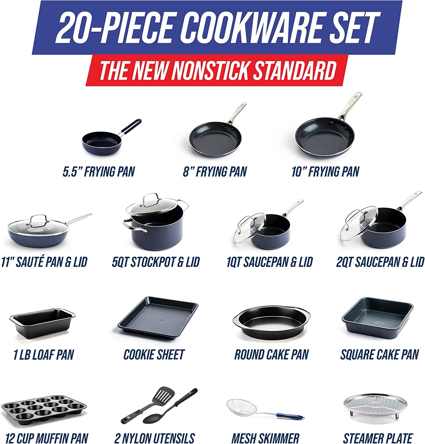 Cookware Diamond Healthy Nonstick, Cookware Pots and Pans Set, 20 Piece