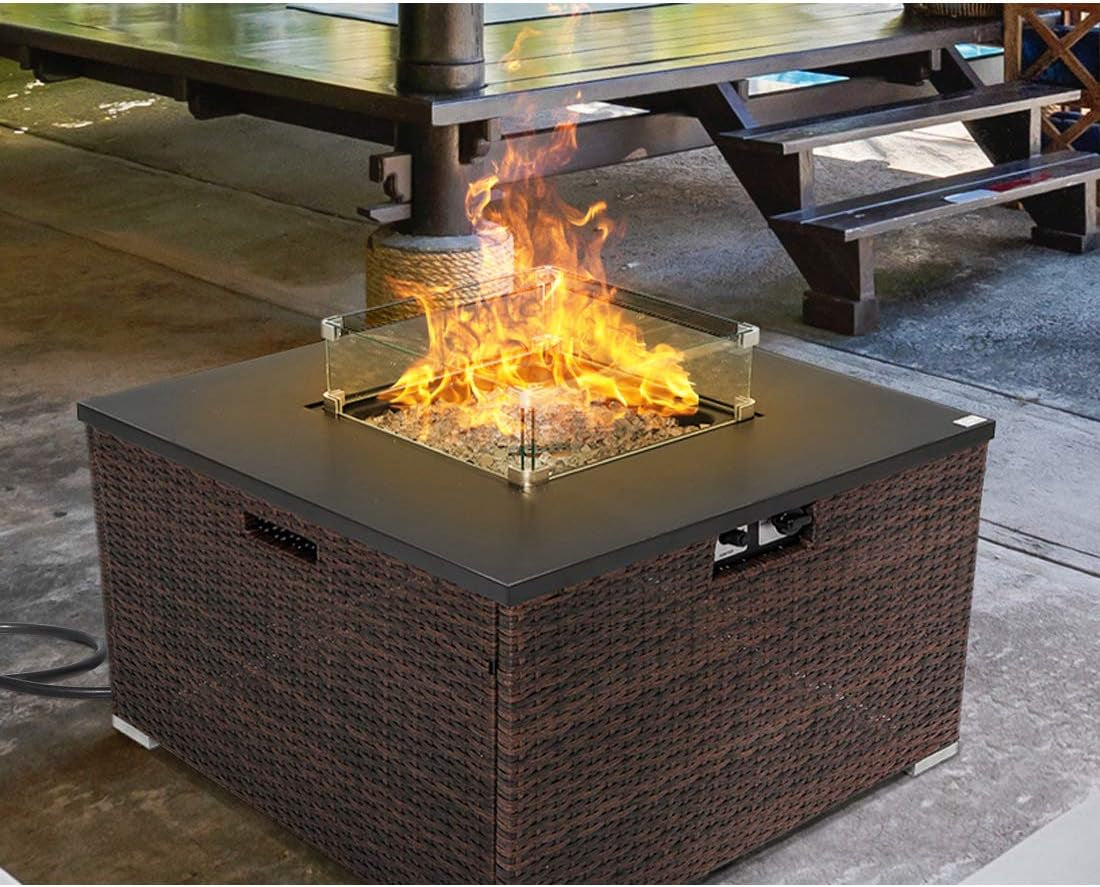 Outdoor Propane Burning Fire Table, Dark Brown Rattan Fire Fit Table 40,000 BTU, Waterproof Cover for Garden, Backyard