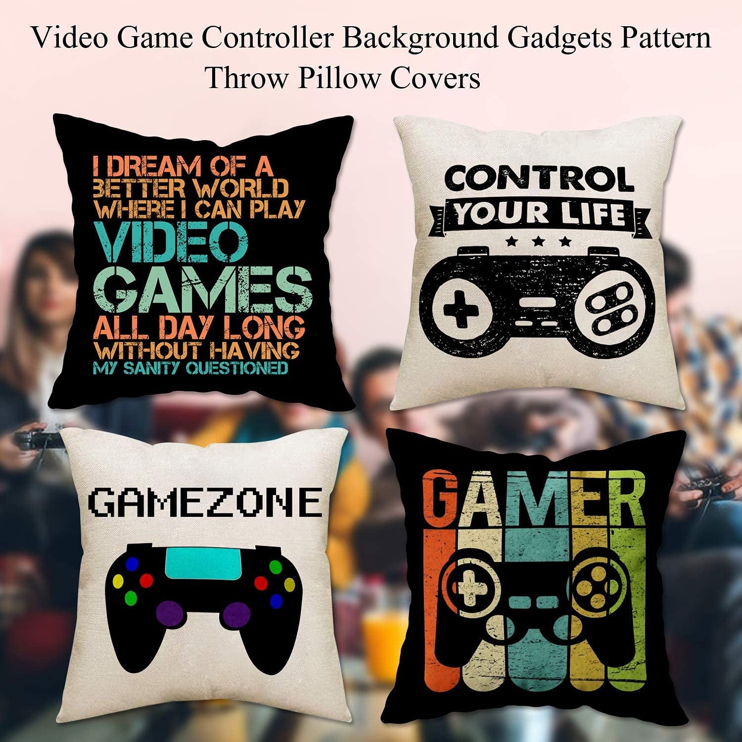 Gamer Game Controller Set of 4 Linen Square Throw Pillow Video Games Case Cushion Cover for Playroom Office Bed Sofa Decor 18"X 18"