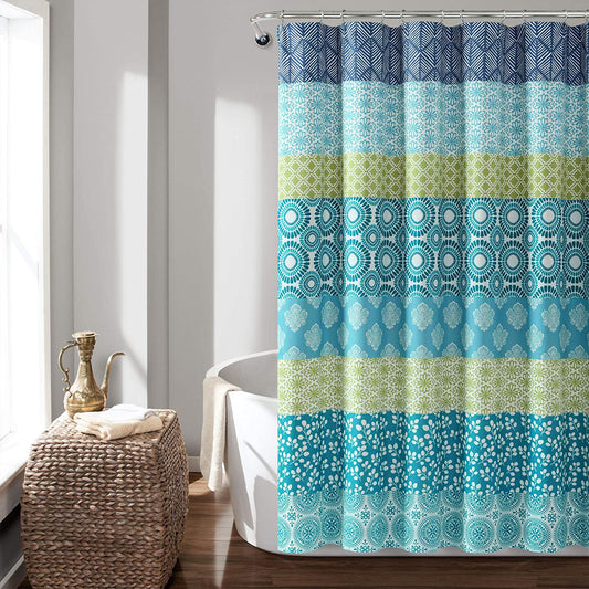 Bohemian Striped Shower Curtain Colorful Bold Design, 72" X 72", Blue and Green