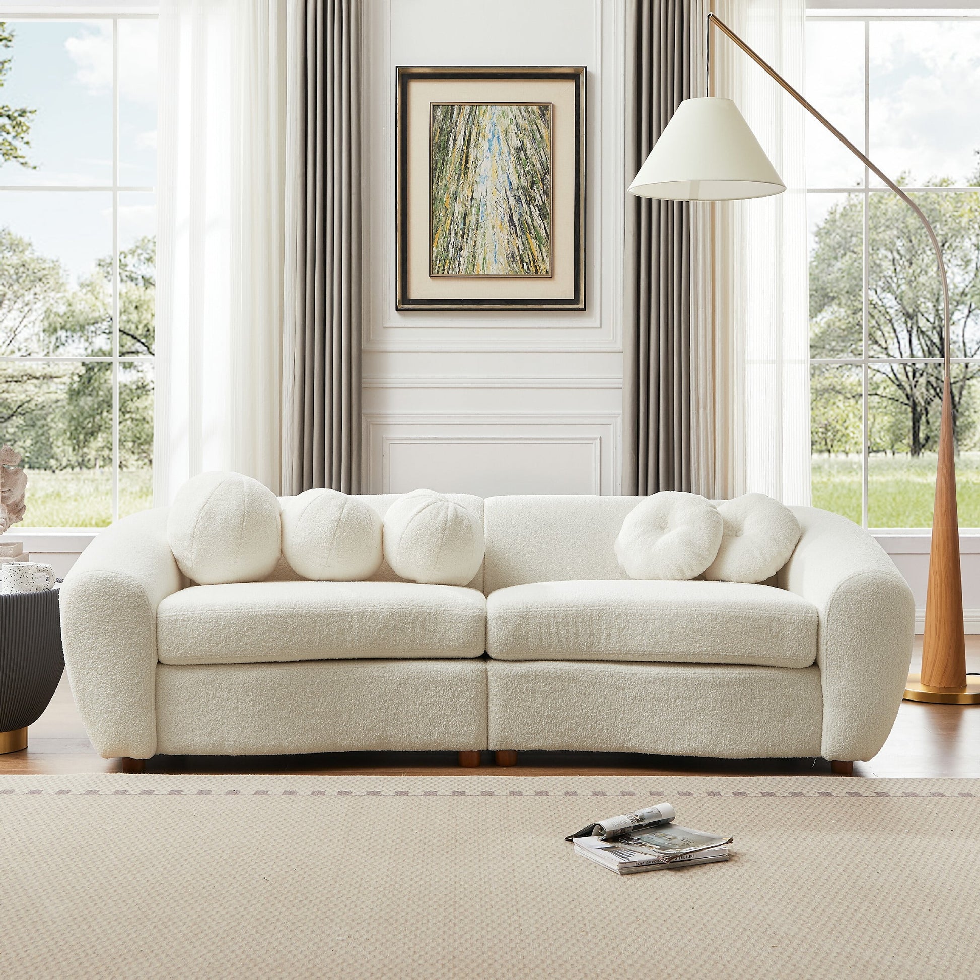 87" Loveseat Curved Sofa with 5 Pillows, Upholstered Teddy Fabric Couch for Living Room, Beige