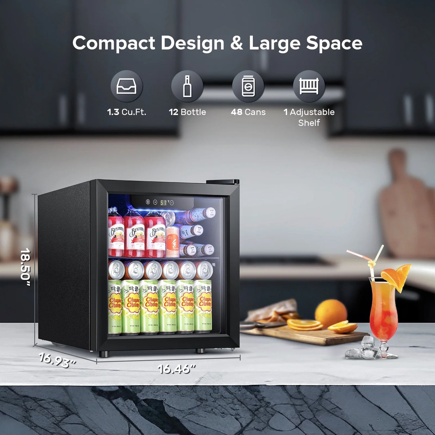 1.3 Cu.Ft Beverage Cooler - 12 Bottle & 48 Can Wine Cooler, Mini Drink Cooler Dispenser with Transparent Glass Door , Suitable for Home/ Bar/ Office