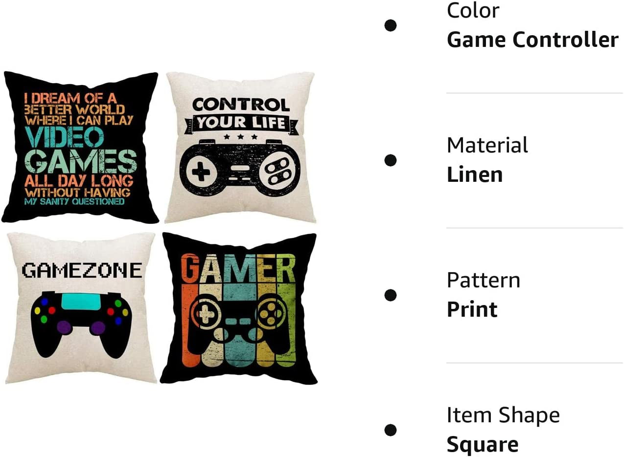 Gamer Game Controller Set of 4 Linen Square Throw Pillow Video Games Case Cushion Cover for Playroom Office Bed Sofa Decor 18"X 18"