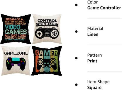 Gamer Game Controller Set of 4 Linen Square Throw Pillow Video Games Case Cushion Cover for Playroom Office Bed Sofa Decor 18"X 18"