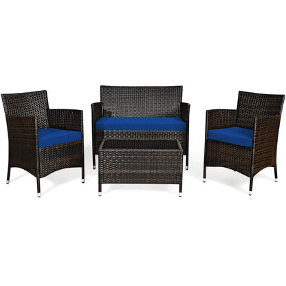 4PCS Patio Rattan Conversation Furniture Set Outdoor W/ Navy Cushion