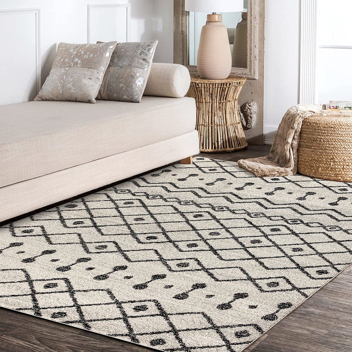 , Non Shedding Aksil Moroccan Beni Souk Area Rug, Bedroom Kitchen Living Room Indoor Decor, 8 X 10, Cream/Black