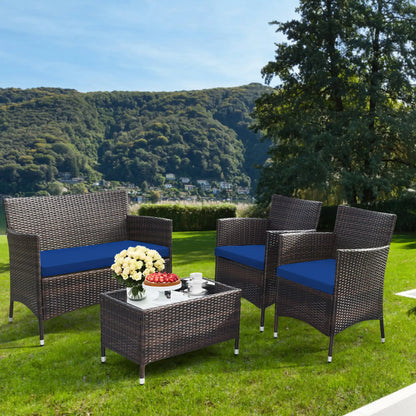 4PCS Patio Rattan Conversation Furniture Set Outdoor W/ Navy Cushion