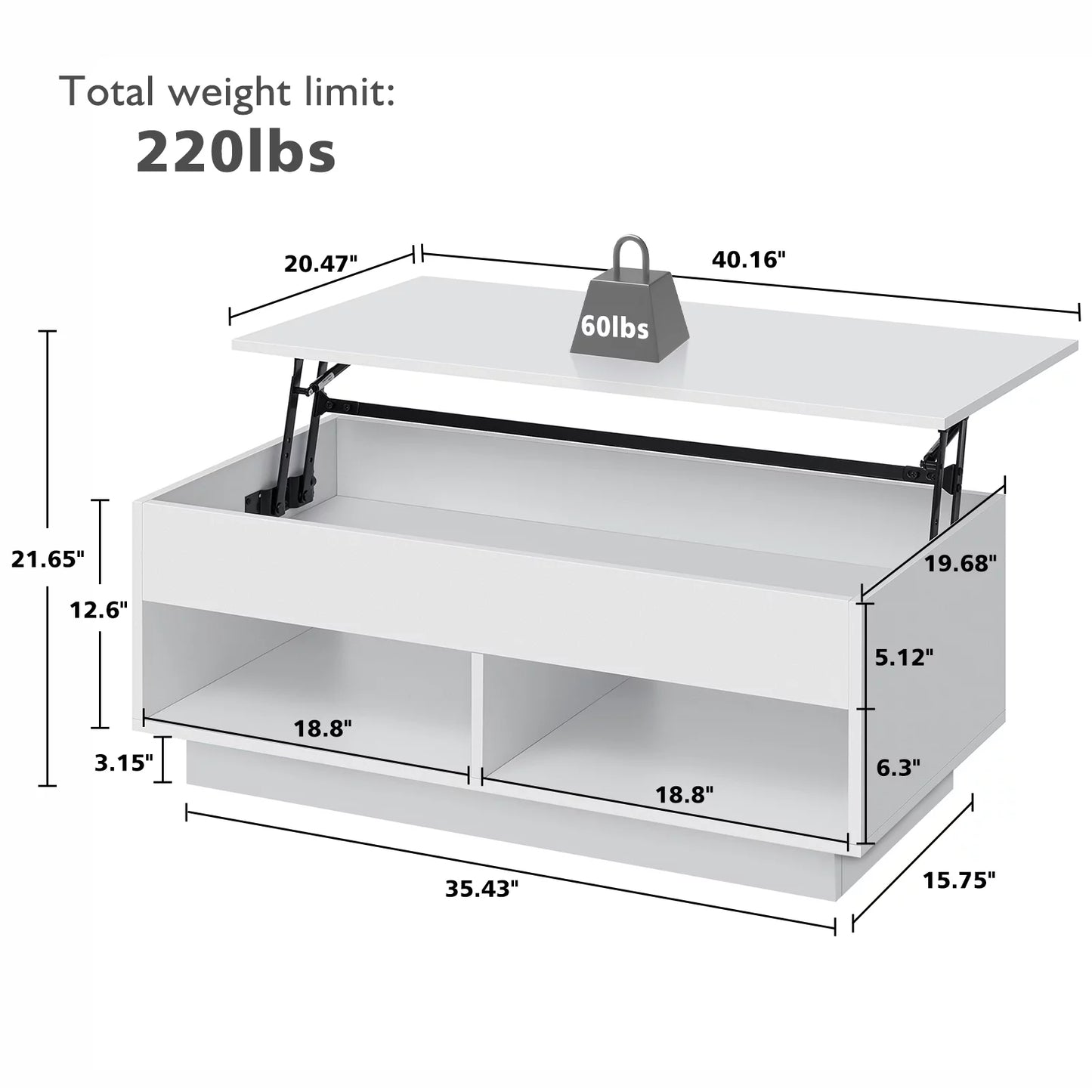 Lift Top Coffee Table with Hidden Compartment High Gloss LED Coffee Tables Center Rising Cocktail Table for Living Room Accent Furniture White Finish